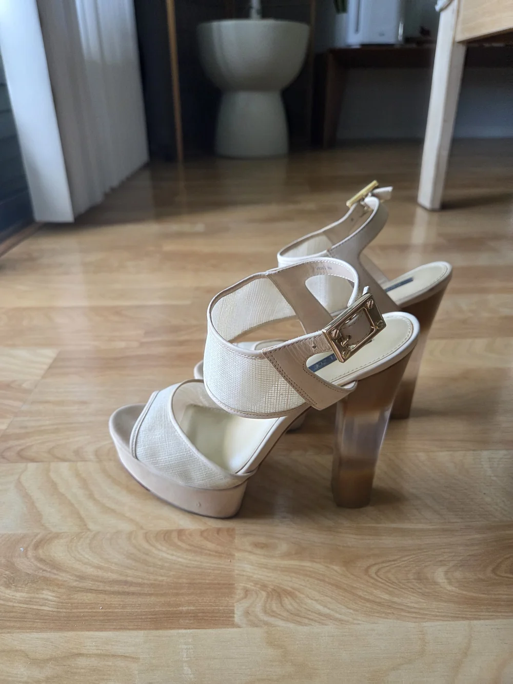 Rachel Zoe Cream-Beige Platform Ankle Strap Sandals
